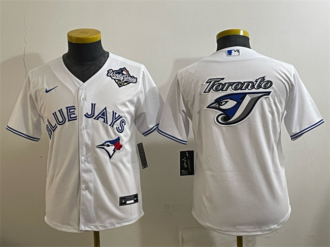 Youth Toronto Blue Jays Toronto Blue Jays Team Big Logo White 2025 World Series Home Cool Base Stitched Baseball Jersey